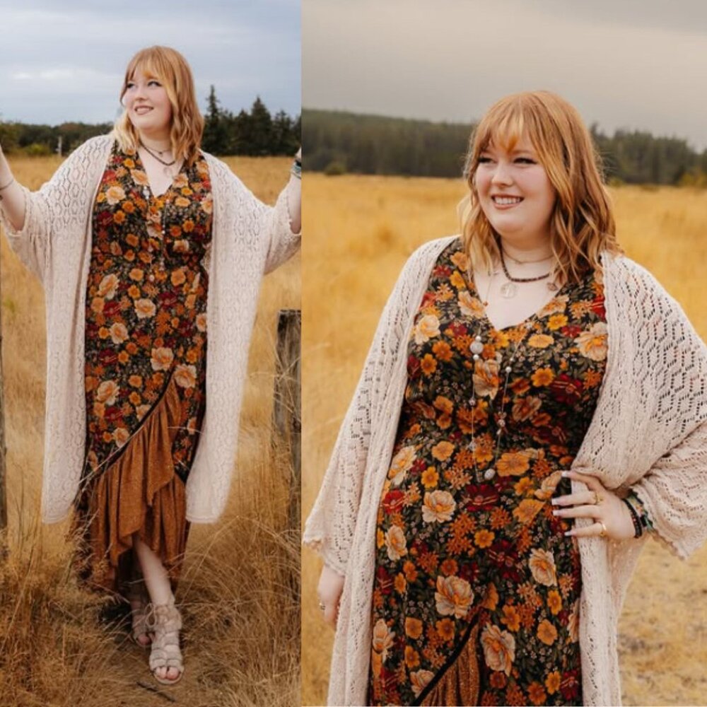 Farm Rio Madrid Maxi Dress Anthropologie‎ Floral Gold Yellow Wrap High Low XS - Picture 3 of 12